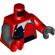 Lego Torso, Odd Arms and Hands, Jester Costume, Black Quarters Front and Back, White Collar Print, Left Red Arm and Black Hand, Right Black Arm and Red Hand (Dimensions) / Red