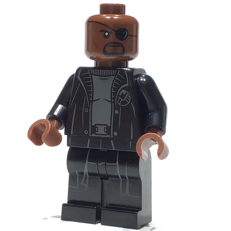 Lego Nick Fury in Long Black Coat Over Gray Sweater, Line on Hips