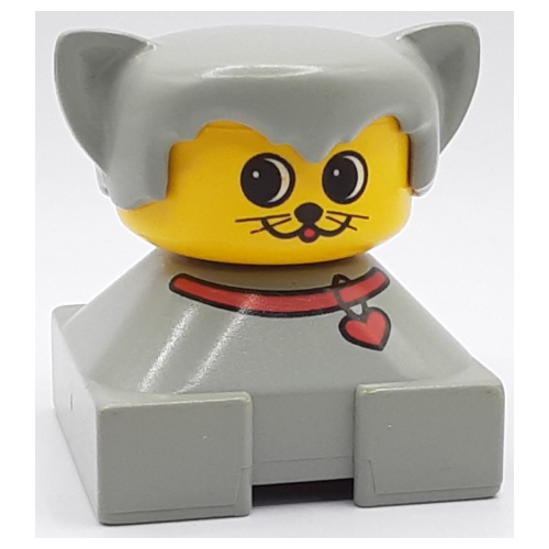 Lego Duplo 2 x 2 x 2 Figure Brick, Hair with Cat Ears Light Gray, Red Collar, Yellow Face with Round Eyes and 2 Whiskers Print / Light Gray