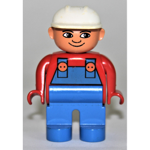 Lego Duplo Figure, Early, Hard Hat White, Blue Legs, and Blue Overalls, Turned Down Nose Print / Red