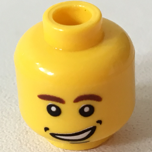 Lego Minifig Head Rascus / Hockey Player, Brown Eyebrows [Left Curved Down], Open Side Smile with Dimples Print [Blocked Open Stud] / Yellow