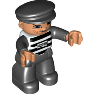 Lego Duplo Figure with Cap Black, with Black Legs, Black and White Striped Top with '62019', Black Arms (Prisoner) / White