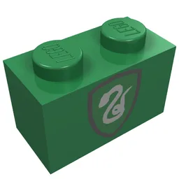 Brick 1 x 2 with Silver Snake on Green Shield Print / Green