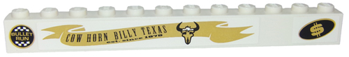 Lego Brick 1 x 12 with 'BULLET RUN', Dollar Sign and 'COW HORN BILLY TEXAS' Pattern Model Right (Stickers) - Set 8147