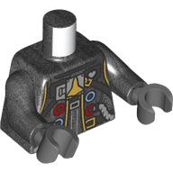 Lego Torso, Space Suit, Red/Bright Light Blue Circles, Hose, Yellow Trim, Spaceship, Black Straps print, Pearl Titanium Arms, Dark Bluish Gray Hands / Pearl Titanium