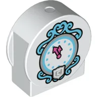 Duplo Brick 1 x 3 x 2 Round Top, Cut Away Sides with Dark Azure & Silver Clock Face, Dark Pink Clock Hands, with 'C' in Shield Print / White