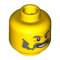Minifig Head, Moustache Handlebar and Sideburns Dark Bluish Gray, White Pupils, Teeth Print / Yellow