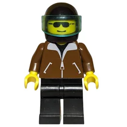 Man, Brown Jacket, Black Legs, Black Helmet with Visor, Sunglasses