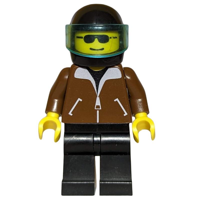 Lego Man, Brown Jacket, Black Legs, Black Helmet with Visor, Sunglasses