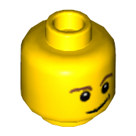 Lego Minifig Head, Brown Eyebrows, Black Eyes with White Pupils, Crooked Smile with Black Dimple Print / Yellow