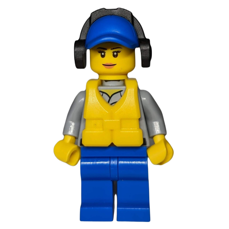Lego Coast Guard, Light Bluish Gray Shirt with Badge, Blue Cap, Ear Defenders, Yellow Life Vest
