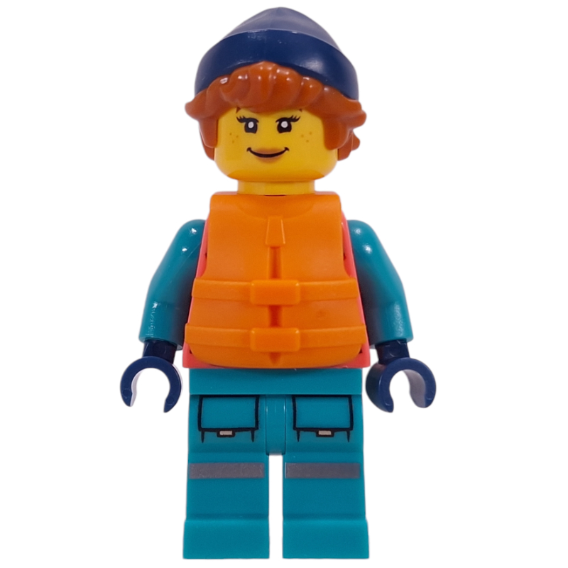 Lego Arctic Explorer, Coral Torso, Dark Turquoise Legs, Dark Blue Beanie, Life Vest