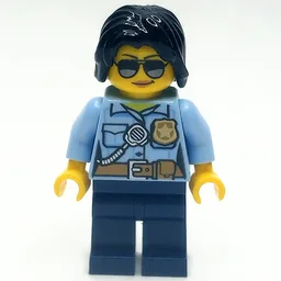 Policewoman, Bright Light Blue Shirt with Radio and Badge, Dark Blue Legs, Black Hair, Sunglasses