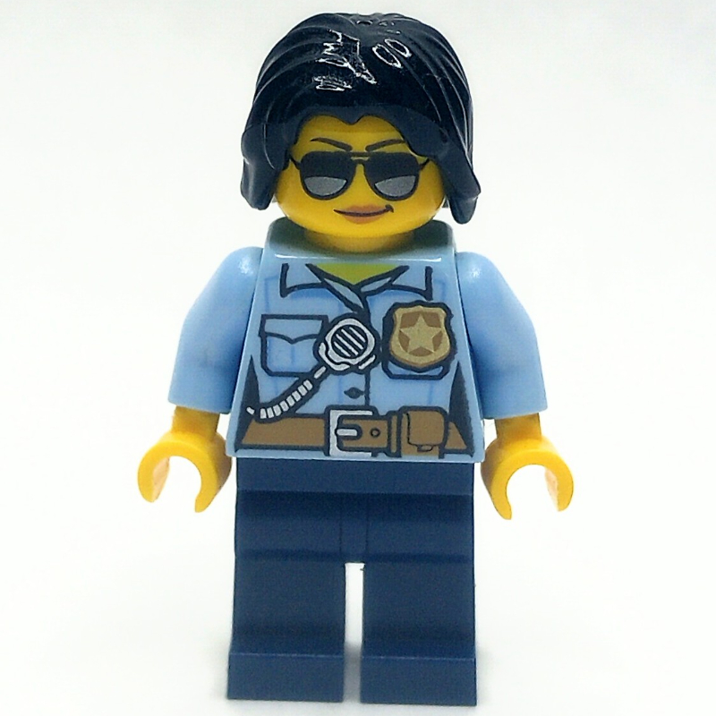 Lego Policewoman, Bright Light Blue Shirt with Radio and Badge, Dark Blue Legs, Black Hair, Sunglasses