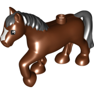 Lego Duplo Animal Horse with one Stud and Raised Hoof with White Blaze and Black Mane Print / Reddish Brown