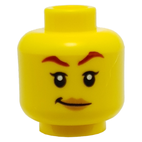 Lego Minifig Head Skylor, Dark Red Eyebrows, Peach Lips Smile / Angry with White Face Paint Print / Yellow