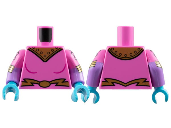Lego Torso Female Uniform with Gold Shoulder Armor with Rivets and Belt with Oval Buckle Pattern / Medium Lavender Arms with Molded Dark Pink Short Sleeves and Printed Atoms and Gold Stripes Pattern / Medium Azure Hands