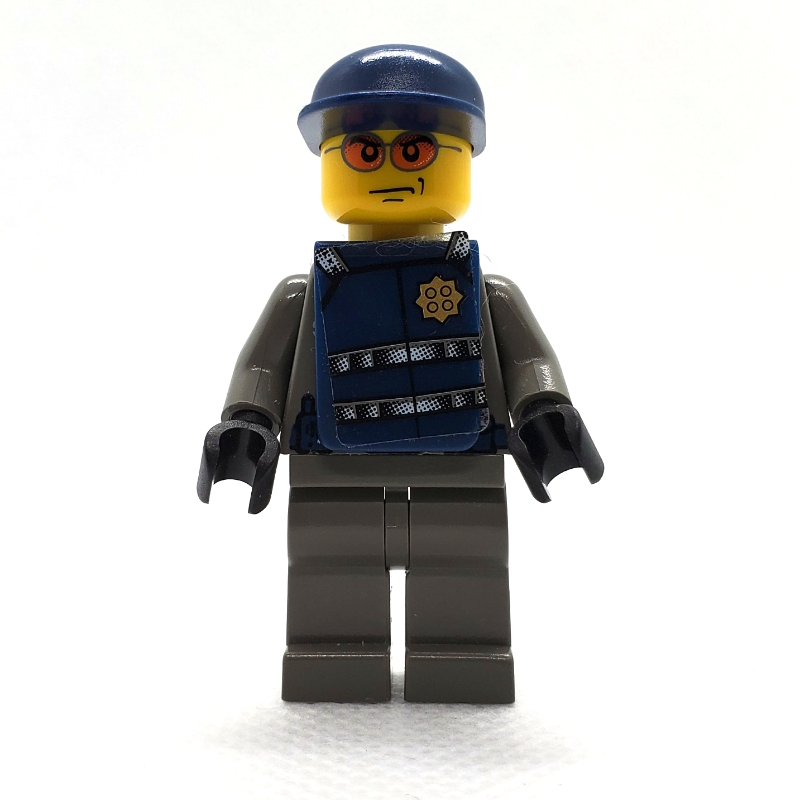 Lego Security Guard, Dark Gray Shirt with Badge, Dark Blue Cap, Dark Blue Vest, Orange Sunglasses