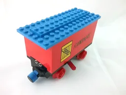 Train Battery Box Car with Two Contact Holes, Red Switch Lever, Blue and Red Magnets, Red Wheels, and Blue Roof with 'TRANSPORT' on Yellow Box and 'COMPANY' Pattern on Both Sides (Stickers) - Set 180