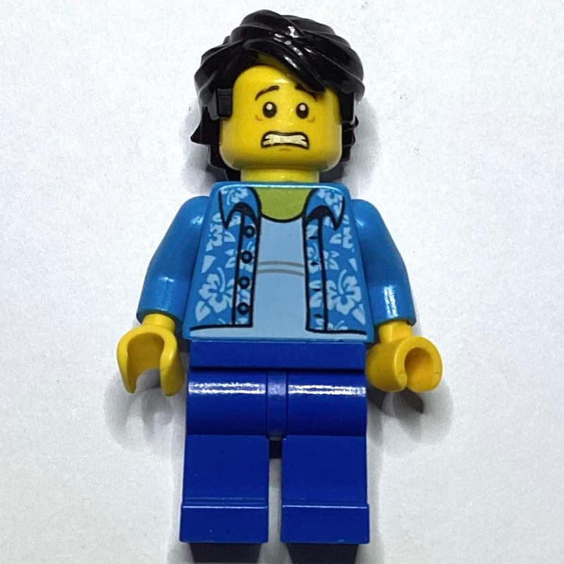 Lego Man, Open Dark Azure Hawaiian Shirt, Blue Legs, Black Hair