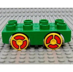 Duplo Car Base 2 x 4 with Yellow Wheels with Red Print, and Lego Logo on Base (Brickrunner) / Green