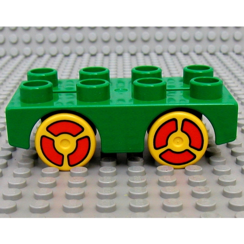 Lego Duplo Car Base 2 x 4 with Yellow Wheels with Red Print, and Lego Logo on Base (Brickrunner) / Green