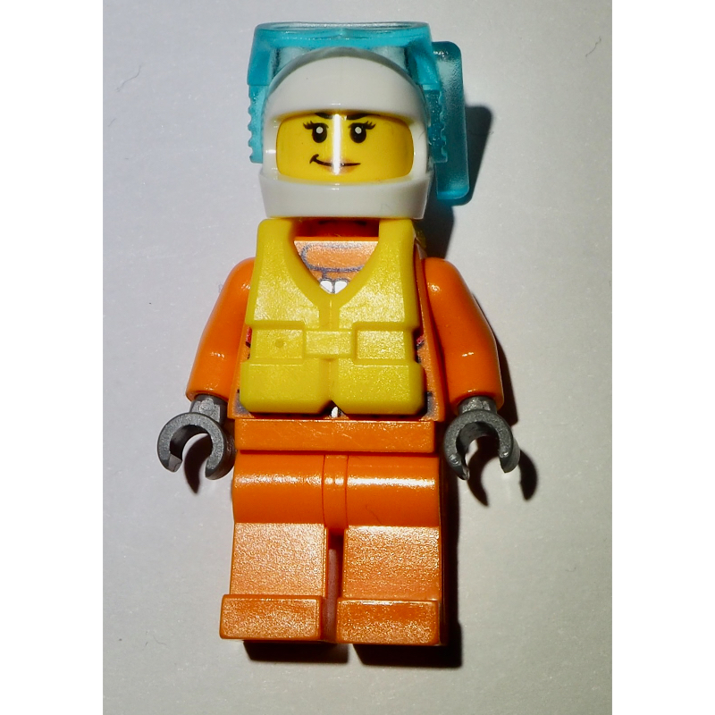 Lego Coast Guard, Woman, Orange Jumpsuit, White Helmet with Diving Mask, Yellow Life Vest