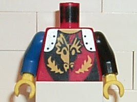 Lego Torso Castle Dragon Knights Armor with Black and Yellow Dragon Head and Flames, Silver Shoulder Plates Pattern / Black Arm Left / Blue Arm Right / Yellow Hands
