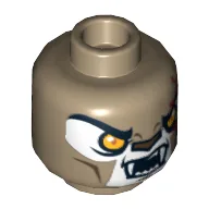 Minifig Head Longtooth, Dual Sided, Lion with Orange Eyes, Fangs, Red Scar, Closed Mouth / Open Mouth Print [Hollow Stud] / Dark Tan