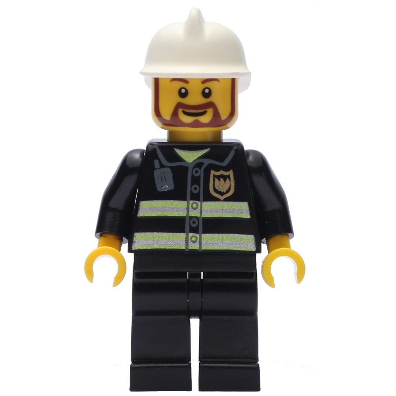 Lego Fireman, Black Fire Jacket with Reflective Stripes, Radio, and Badge, White Helmet, Beard