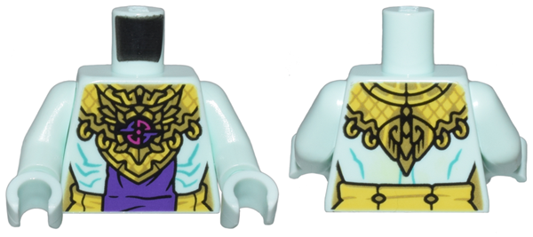 Lego Torso Armor with Yellow and Gold Links, Emblem, Dark Purple Panel, Bare Skin with Dark Turquoise Lines Pattern / Light Aqua Arms / Light Aqua Hands