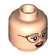 Lego Minifig Head Harleen Quinzel (Harley Quinn), Dual Sided, Dark Red Glasses and Lips, Quizzical / Excited Print [Hollow Stud] / Light Nougat