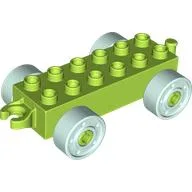 Duplo Car Base 2 x 6 with Fake Bolts, Open Hitch End and Light Aqua Wheels / Lime