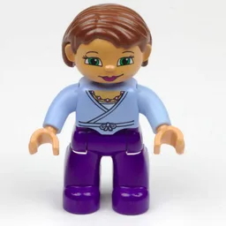 Duplo Figure Bob / Pageboy Hair Reddish Brown, with Dark Purple Legs, Wrap Top with Necklace, Nougat Hands / Light Lilac