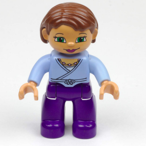 Lego Duplo Figure Bob / Pageboy Hair Reddish Brown, with Dark Purple Legs, Wrap Top with Necklace, Nougat Hands / Light Lilac