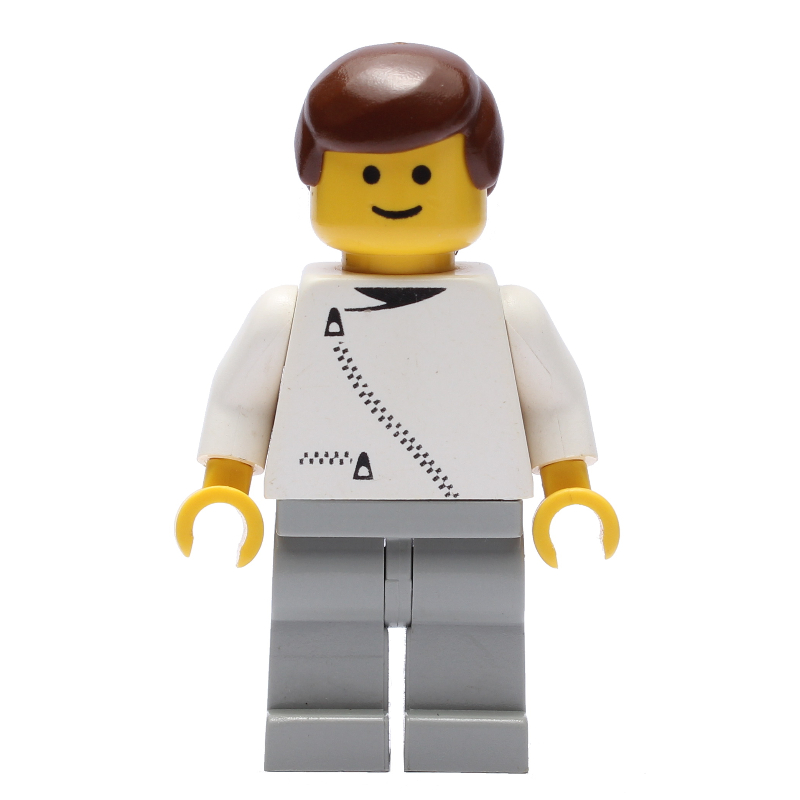 Lego Man, White Jacket with Zipper, Light Gray Legs, Brown Hair