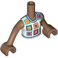 Minidoll Torso Girl with White Top, Crocheted Granny Squares Print, Medium Brown Arms and Hands / Medium Brown
