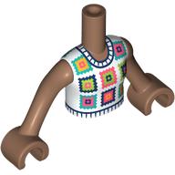 Lego Minidoll Torso Girl with Medium Brown Arms and Hands with White Top, Crocheted Granny Sqaures print / Medium Brown