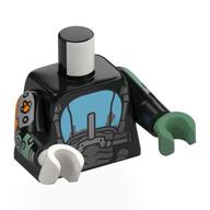 Lego Torso, Odd Hands, Dark Bluish Grey Motor Cycle, Tire, Medium Azure Gas Tank print, Black Arms, Left Sand Green Hand, Right White Hand / Black