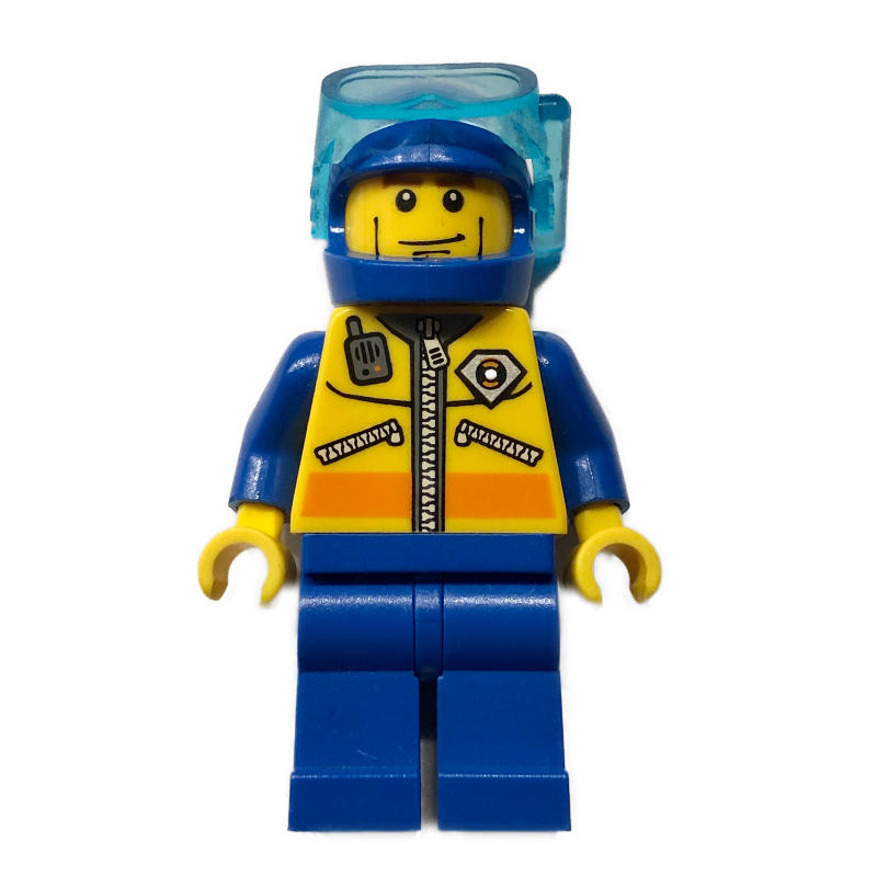 Lego Coast Guard Diver, Yellow Jacket with Zipper, Radio, and Badge, Blue Helmet with Mask