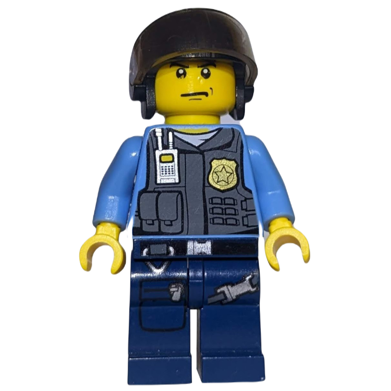 Lego Policeman, Dark Bluish Gray Vest with Radio, Badge and Pouches over Medium Blue Shirt, Black Hat with Visor