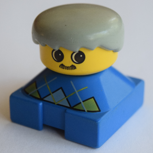 Lego Duplo 2 x 2 x 2 Figure Brick, Spiky Bangs, Light Gray Hair, Yellow and Gray Argyle Sweater, Mustache Print / Blue