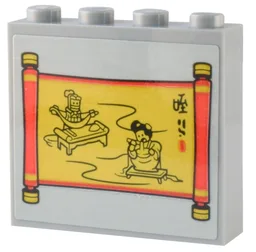 Brick 1 x 4 x 3 with Red and Gold Scroll with Minifigures, Spa Table and Soup Pattern (Sticker) - Set 80036