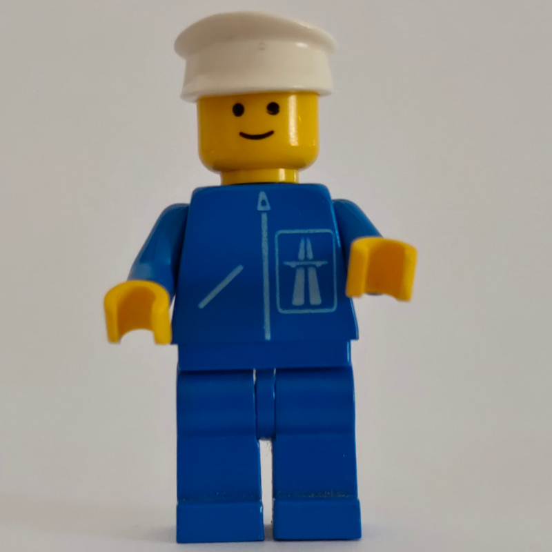 Lego Man, Blue Jacket with Highway Logo, Blue Legs, White Hat