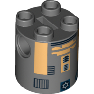 Lego Brick Round 2 x 2 x 2 Robot Body, Axle Holder '+' Orientation with Metallic Gold Astromech Droid Print (R8-B7) / Dark Bluish Gray