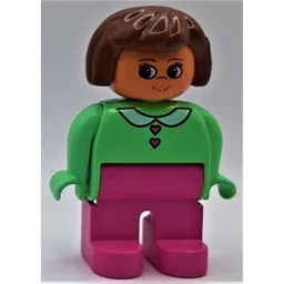 Duplo Figure, Early, Hair Bob Brown, Medium Dark Pink Legs, White Collar and Heart Buttons Print / Medium Green