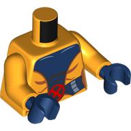 Lego Torso Jumpsuit, Dark Blue Trim and Belt, Red X-Men Symbol print, Bright Light Orange Arms, Dark Blue Hands / Bright Light Orange