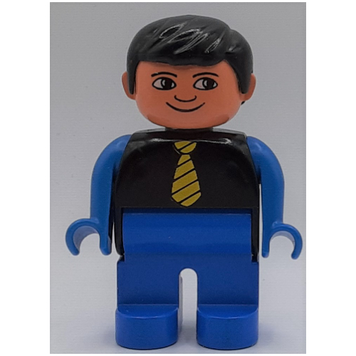 Lego Duplo Figure, Early, with Short Parted Hair Black, Blue Legs, Yellow Tie, Blue Arms, White Eyes Print / Black