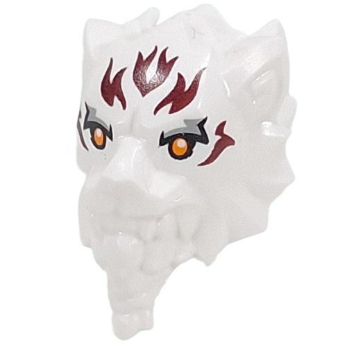 Lego Minifig Head Special Lion/Tiger with Orange Eyes, Black/Light Bluish Grey Eyeshadow, Dark Red Flames print / White