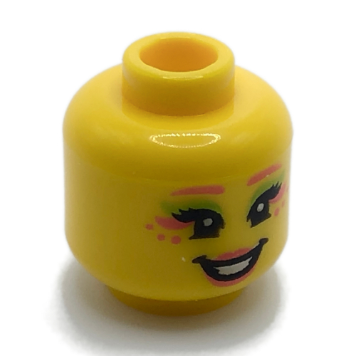 Lego Minifig Head Folk Fairy, Bright Pink Lips, Lime/Coral Eye Shadow print / Yellow